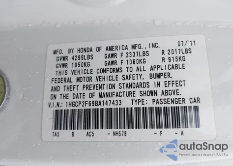 2011 Honda Accord 2.4 Se from USA, damaged, VIN 1HGCP2F69BA147433